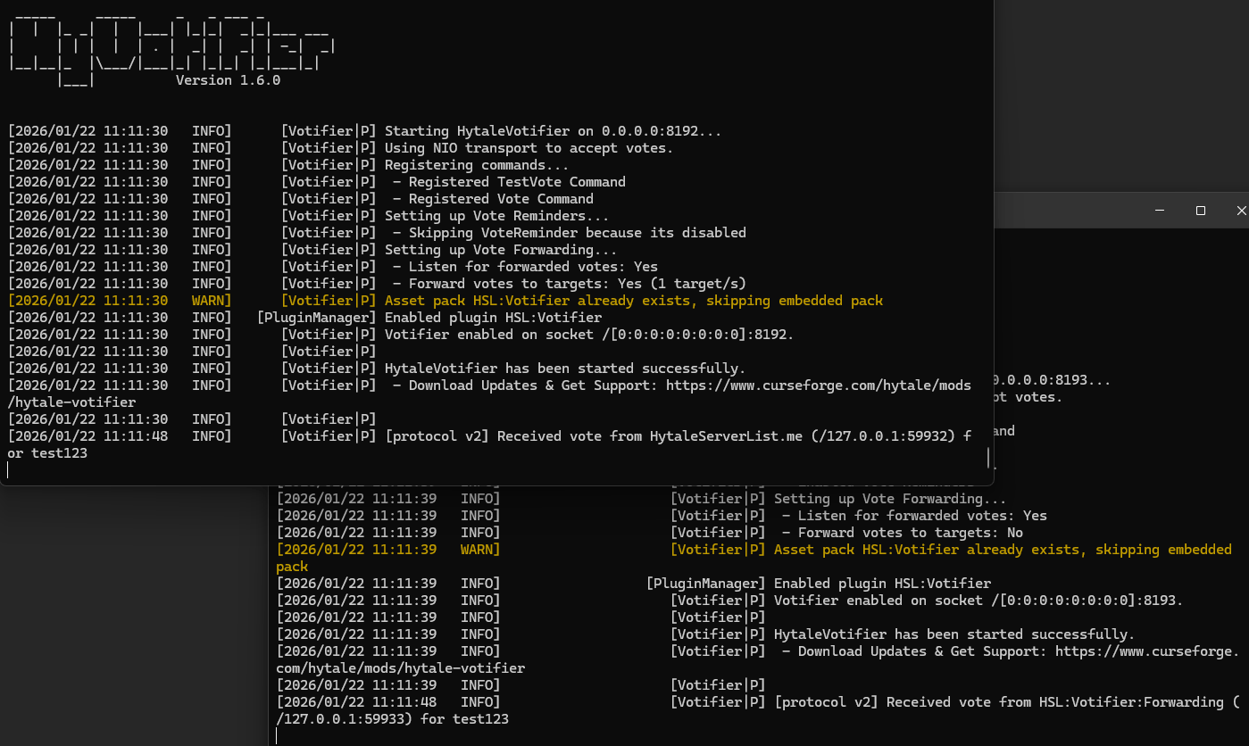 Hytale Votifier console output showing successful vote